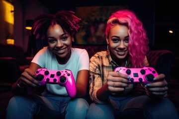 Two girls engaged in competitive gaming with colorful controllers.