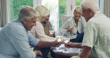 Canvas Print - Elderly, friend group and playing cards in home or drinking wine for reunion party, weekend or celebration. Man, woman and community game in living room for fun retirement connection, bonding or joy