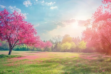 Wall Mural - green fields of pink trees in nature under sunny sunshine Generative AI