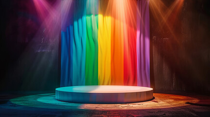 Wall Mural - empty white podium on rainbow flag background with spotlight on top for product presentation, pride month theme