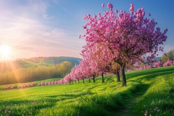 colorful blossoming tree lines a green landscape in spring Generative AI