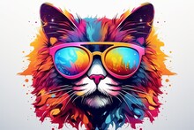 Abstract Colorful Kittens Cat Illustration And Cat Face With Colorful Splashes