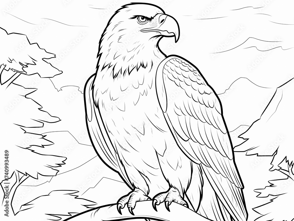 eagle on a branch coloring book page black and white outline zoo ...