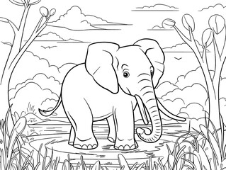 elephant in the park coloring book page black and white outline zoo animals illustration for children