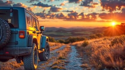 Wall Mural - A blue SUV is parked on a road with a yellow sky in the background.