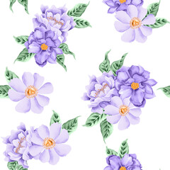  Watercolor flowers pattern, lavanda color tropical elements, green leaves, white background, seamless
