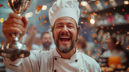 Cooking Competition: A man chef triumphantly holds aloft the winner trophy at a cooking competition, their culinary prowess and creativity acknowledged as they receive recognition for their delicious 