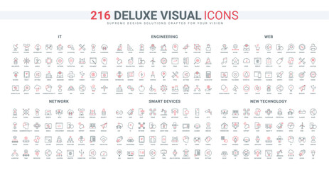 Network communication, new technology of future and engineering development line icons set. Electronic devices of smart home system, robots automation thin black and red symbols vector illustration