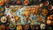 A culinary map of a continent with dishes and ingredients representing each countrys cuisine