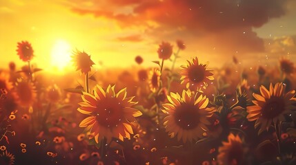 Wall Mural - Golden hour sunflowers basking in warm sunset light. serene nature photography style. ideal for calming backgrounds. AI