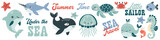 Fototapeta Pokój dzieciecy - Vector illustration collection in children's Scandinavian style. Orca dolphin dolphin crab jellyfish octopus fish turtle shark seahorse shrimp swordfish. Vector illustration