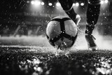Fototapeta Sport - Close-up of a soccer player's foot skillfully controlling a ball on a wet field during a rainy night, highlighting precision and focus.