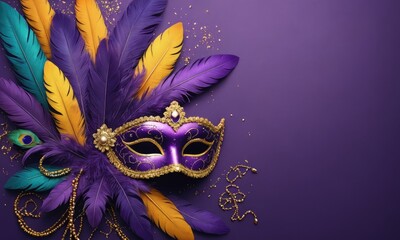 Golden and Purple Mask Gala: Mardi Gras Celebration Card Template - Elevate Your Greetings with Opulence, with empty copy space for text