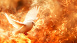 Holy Spirit dove flying with open wings in the middle of fire flames background Generative AI Illustration