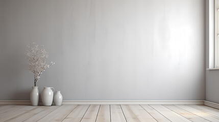 Fragment of an interior made of classic gray panels. Gray wall background with copy space in an empty room with gray parquet floor. Classical wall molding decoration in modern empty luxury home