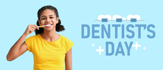 Sticker - African-American teenage girl brushing teeth on blue background