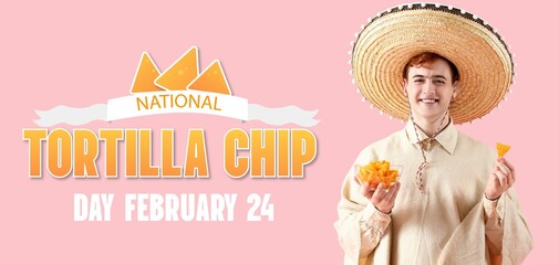 Sticker - Festive banner for National Tortilla Chip Day with Mexican man eating nachos