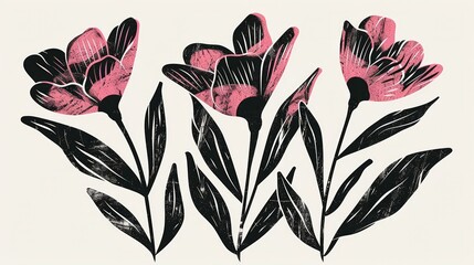 Generative AI, Painted linocut style flowers and plants in watercolor and ink, simple poster
