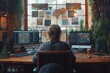 © arti om - Multiple Screens.An employee sits at their desk surrounded by multiple screens, frantically switching between tasks on their laptop while juggling emails, spreadsheets, and reports