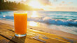 illustration of a freshly pressed orange juice in front of a blurred beach scenery
