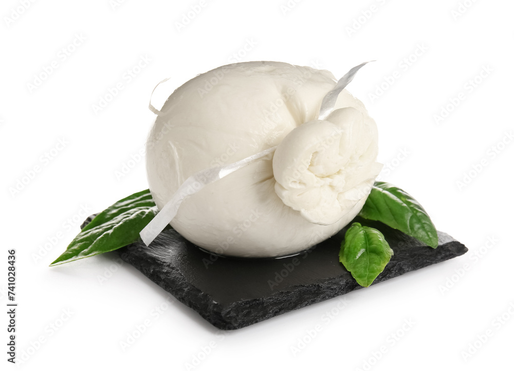 Board of tasty Burrata cheese with basil on white background