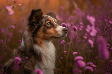 Wall Mural - Portrait of a beautiful dog in the field of flowers.