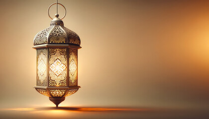 Elegant Traditional Lantern Casting Soft Glow on a Plain Background for Ramadan. Ramadan Serenity Lantern. Copy space, mock up