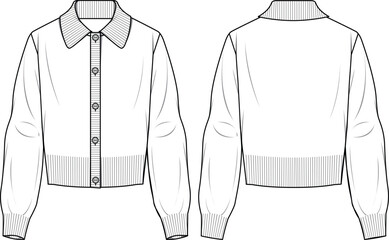 Women's Polo Neck Cardigan- Technical fashion illustration. Front and back, white color. Women's CAD mock-up.