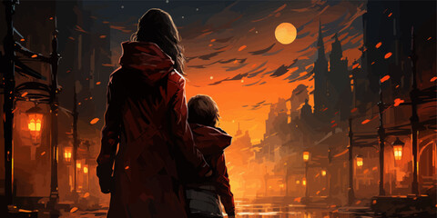 Wall Mural - young mother in red coat carrying her baby standing in the burning city, digital art style, illustration painting