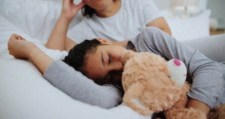 Sticker - Child, teddy bear and sleeping with mom, love and peace on bed in home. Mother, stroke and care for girl resting on calm night with toys in bedroom and family support with safety and security