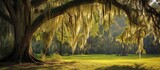 Fototapeta  - A tree in a natural landscape with Spanish moss hanging from its branches, creating a picturesque scene resembling a painting in a field