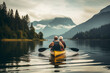 Senior couple kayaking on lake in mountains. Travel and active life concept. Back view