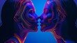 Futuristic AI female robotic couple in neon colors. Intimate 3D rendered human heads on a gradient backdrop. Virtual reality glowing light woman head models looking at each other.
