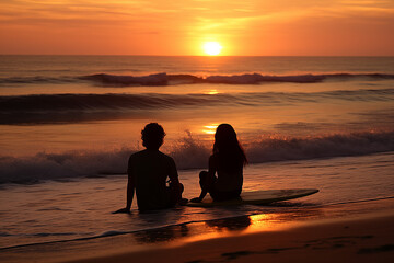 Wall Mural - silhouette of a couple on the beach