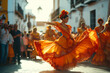 © Simn - Spanish Flamenco Dance, urban spectacle of Andalusian women lifting their orange skirts for the show of people enjoying
