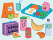 © Rudzhan - Vector illustration of school lunch setup. lunch box, container, tray with assorted meals, paper bag. Sandwich, fruits, milk, juice, soda. Isolated elements for design templates, healthy food concept