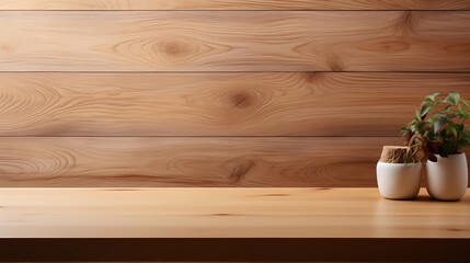 Wall Mural - Empty wood table top and wood wall for product display mock up background, template