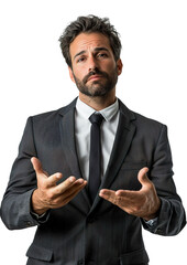 a businessman standing and gesturing with both hands as if explaining something, isolated on a white