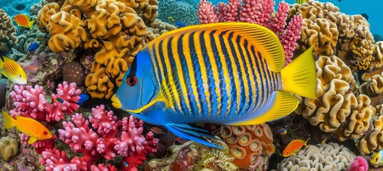 Wall Mural - Colorful angelfish swimming among vibrant corals in a saltwater aquarium environment