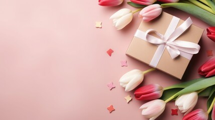 Wall Mural - white, red tulips and gift on a background. card for Valentine's Day, March 8, Mother's Day, Birthday. Place for text