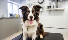 A Black-and-white Dog Patiently Awaits Its Veterinary Examination In The Clinic.Generated Image