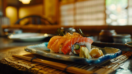 Poster - A delectable plate of sushi arranged with precision, vibrant slices of fresh fish atop seasoned rice
