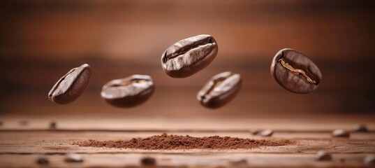 Wall Mural - Levitating roasted coffee beans on a dark background with space for text placement