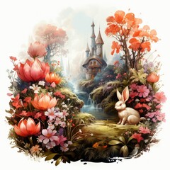 A rabbit is lounging in a garden with flowers and a castle in the backdrop