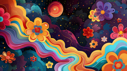 Wall Mural - Psychedelic 70s Groove Retro Background Design.