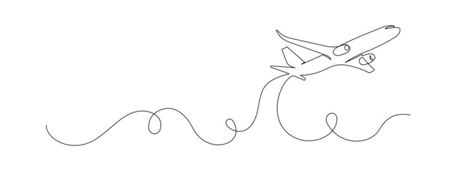 Poster - One continuous line drawing of Airplane path. Business concept of world travel and international flight airline in simple linear style. Air plane in Editable stroke. Hand drawn vector illustration