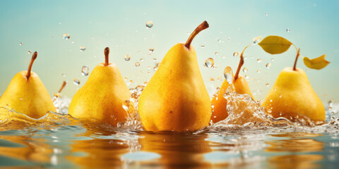 Wall Mural - Juicy, Ripe Pear: A Refreshing, Healthy Snack on a Rustic Wooden Table.