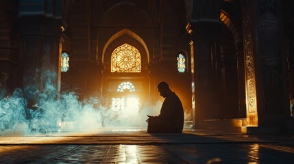 Silhouette of muslim man worshiping and praying for fasting and Islamic Eid in old mosque with lighting and smoke background - Eid Ul Fitr - generative ai