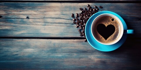 Poster - Coffee cup with heart shape on wooden background. Generative AI.