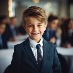 Sticker - A young boy in a suit and tie smiling. Generative AI.